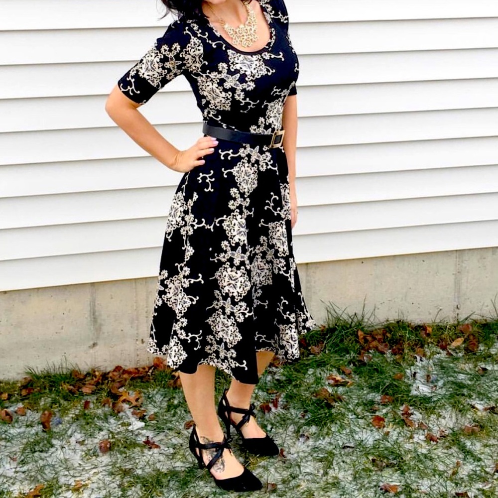 Lularoe Nicole elegant black , cream & gold fit and flare unicorn
